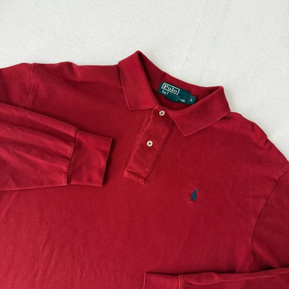 Vintage Polo Ralph Lauren Long Sleeve Polo Shirt Red Large Mens Pique Cotton